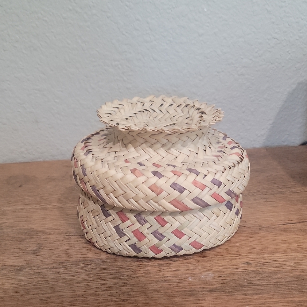 Handwoven Basket with Lid - Natural and Purple Accents